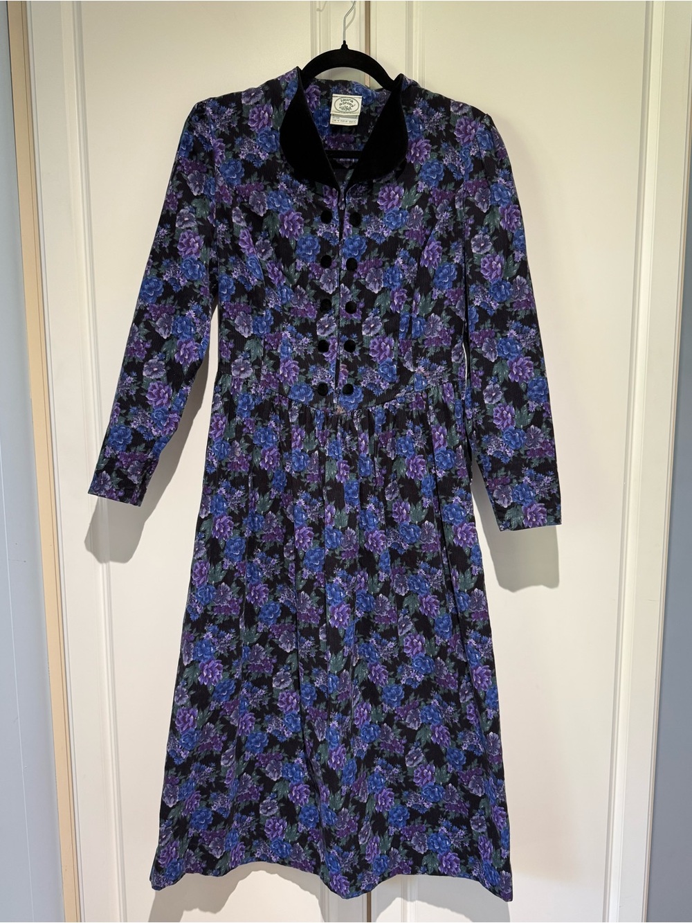 Vintage 1980s Laura Ashley Floral Corduroy Dress | Velvet Collar | Made in GB